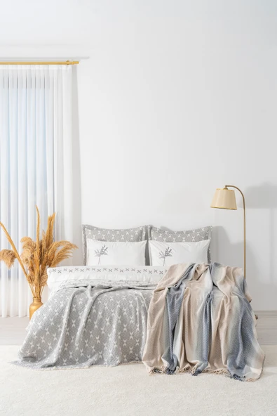 Mode Gri Nakışlı Çift Kişilik Nevresimli Battaniye Seti - 8 Parça Çeyiz Seti - Resim 3