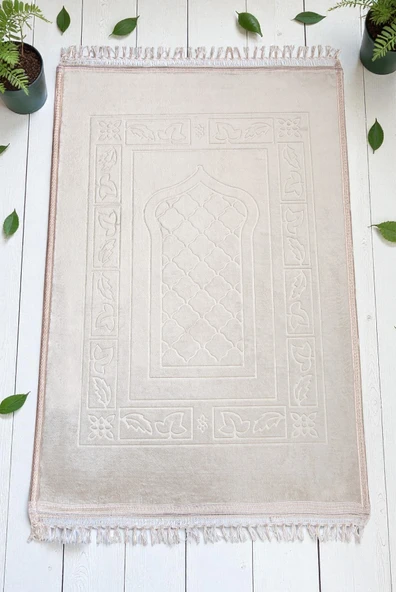 Yumuşak Kadife Dokulu Peluş Seccade Krem - Resim 2