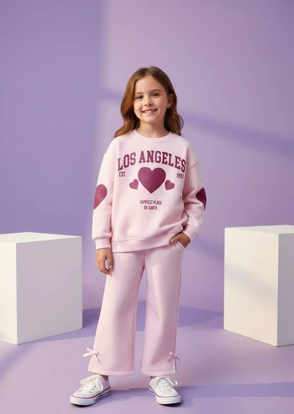 KIZ ÇOCUK KALP DESENLİ GENİŞ PAÇA EŞOFMAN TAKIMI ürün görseli 1