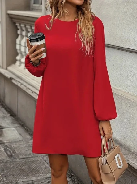 MDB Kadın Uzun Kollu Yuvarlak Yaka Mini Ithal Krep Elbise - Resim 3