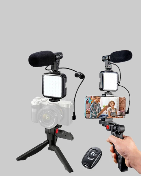 Profesyonel Vlog Çekim Kiti LED Işıklı Tripod Mikrofonlu Telefon Seti - Resim 2
