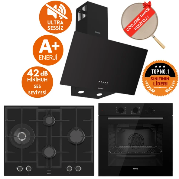 Ferre FlowArt&SilentArt VALENCIA Sessiz Siyah Ankastre  Set ( D086-SA + QBL62CS + ED075-WFA Wok ) ürün görseli 1