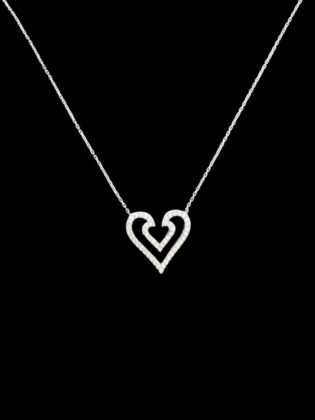 ? Kalpli Çift Katmanlı Pırlanta Taşlı Gümüş Kolye — Aşkın Zarif İfadesi ürün görseli 1