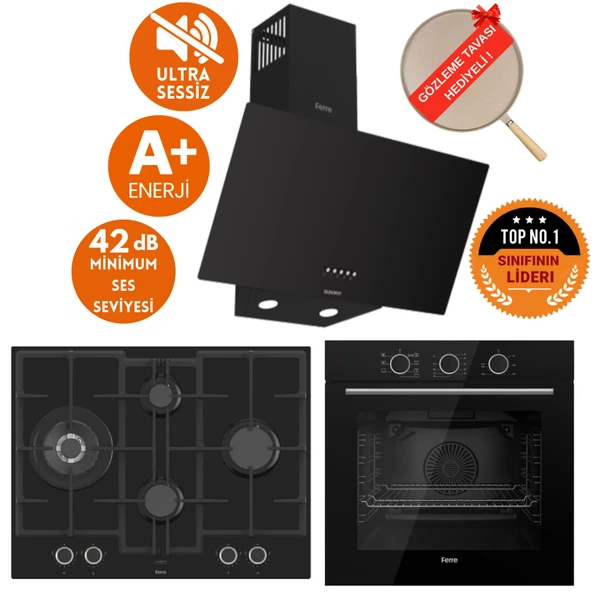 Ferre FryArt&SilentArt Jona Sessiz Yeni Seri Siyah Ankastre Set (D086-SA + QXE62CS + ED075-WFA wok) ürün görseli 1