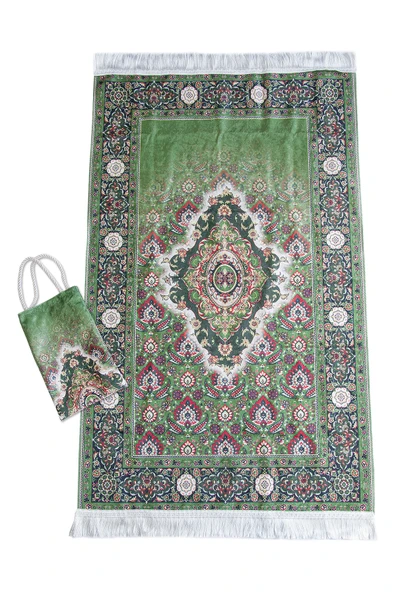 İpeksi Dokulu Çantalı Kadife Seccade - Rumi Motifli, Pratik, Taşınabilir - Açık Yeşil - Resim 2