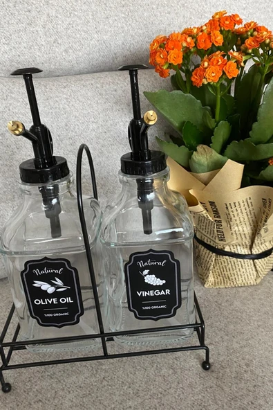Premium Cam Yağ ve Sirke Şişesi 500 ml Şık Standlı Pompalı Dispenser 2 li Set - Resim 5