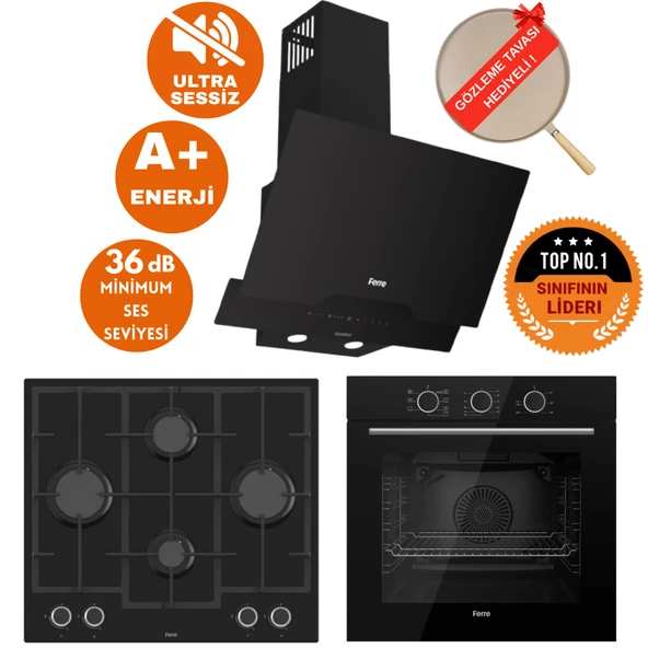 Ferre FryArt&SilentArt OSCAR Sessiz Yeni Seri Siyah Ankastre  Set ( D063-SA + QXE62CS + LN385) ürün görseli 1