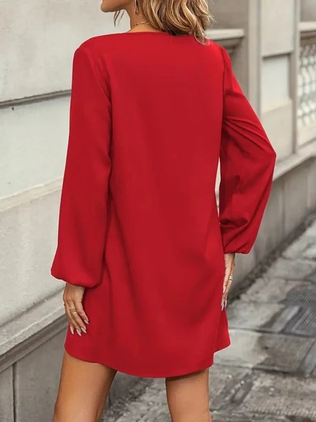 MDB Kadın Uzun Kollu Yuvarlak Yaka Mini Ithal Krep Elbise - Resim 2