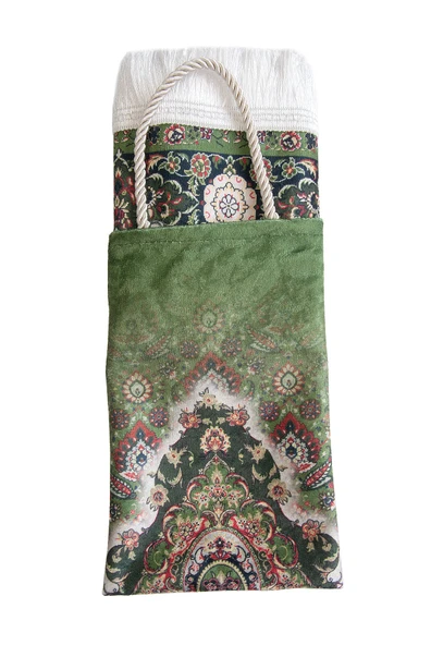 İpeksi Dokulu Çantalı Kadife Seccade - Rumi Motifli, Pratik, Taşınabilir - Açık Yeşil - Resim 4