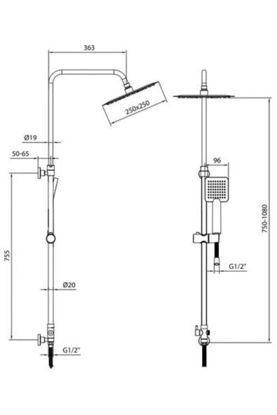 Eca AR Efes İnce Banyo Kare Takım Duş Kolonu Tepe Duş Seti 102158050 - Resim 2