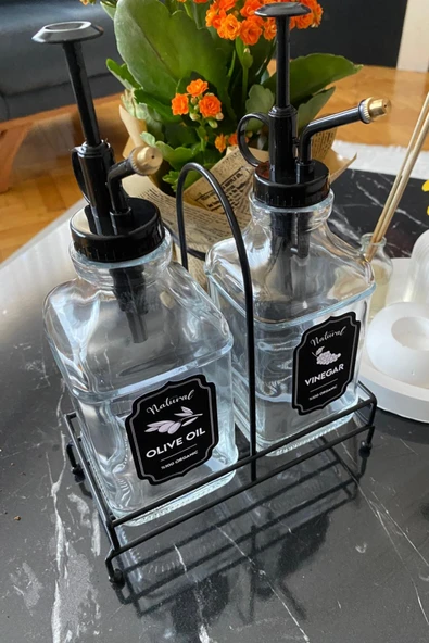 Premium Cam Yağ ve Sirke Şişesi 500 ml Şık Standlı Pompalı Dispenser 2 li Set - Resim 4