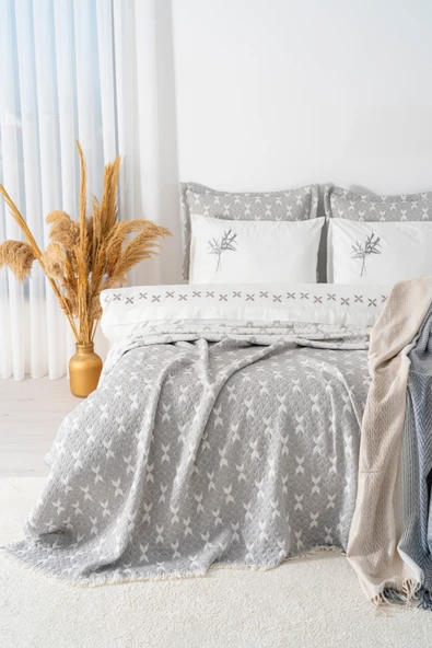 Mode Gri Nakışlı Çift Kişilik Nevresimli Battaniye Seti - 8 Parça Çeyiz Seti - Resim 2