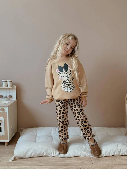 KIZ ÇOCUK KEDİ DESENLİ LEOPAR MODELLİ 3 İPLİK TAKIM - Resim 3
