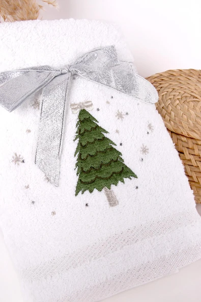 %100 Pamuk 2'li Çam Ağacı Nakışlı Yılbaşı 50x70 Happy New Year El/Yüz Havlusu Yeni yıl - Resim 3