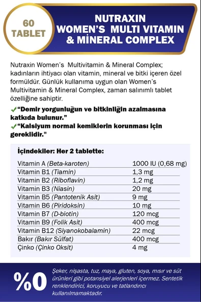 Nutraxin Womens Multivitamin Mineral Complex 60 Tablet 2 Adet Kofre - Resim 2