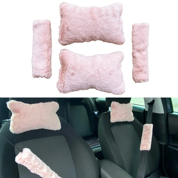 Peluş Ortopedik Araba Seyahat Boyun Yastığı Emniyet Kemer Pedi Seti Pudra Pembe ürün görseli 1