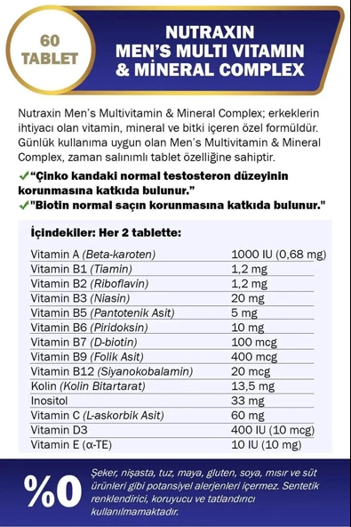 Nutraxin Multivitamin Mineral Complex Erkek 60 Tablet 2 Adet - Resim 3