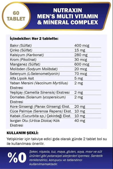 Nutraxin Multivitamin Mineral Complex Erkek 60 Tablet 2 Adet - Resim 4