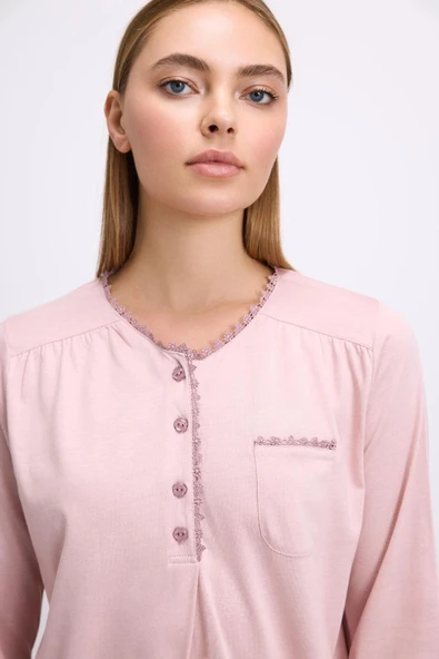 MDB MdbShop Gül Kurusu Modal Pamuklu Uzun Kollu Düğmeli 2li Pijama Takımı - Resim 2