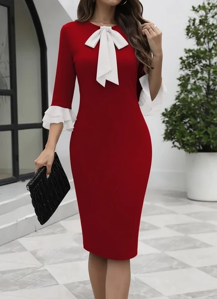 Kadın Truvakar Kollu Fiyonk Yakalı Midi Ithal Krep Elbise - Resim 4