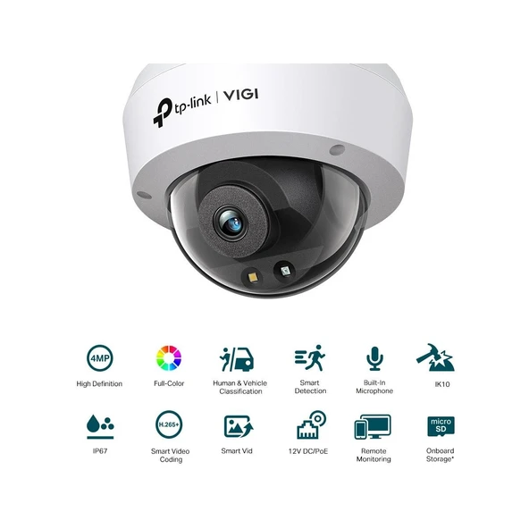 TP-Link VIGI C240 (4mm) 4MP Full-Color Dome IP Kamera / H.265+, PoE/DC, IP67, Dahili Mikrofon ve Hoparlör, SD, LED - Resim 2