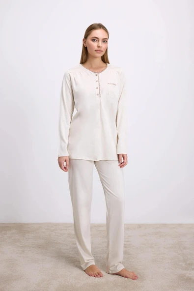 MDB MdbShop Fil Dişi Modal Pamuklu Uzun Kollu Düğmeli 2li Pijama Takımı ürün görseli 1
