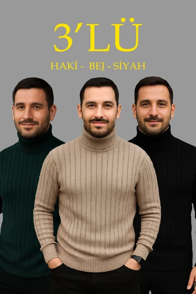 Erkek Fitilli Triko Kazak 3lÜ Set Bej Haki Siyah Regular Balıkcı Yaka Tam Boğazlı Triko Seti Modeli Kazak ürün görseli 1