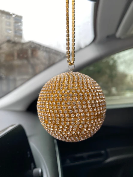 Kristal Taşlı Disko Topu Dikiz Ayna Süsü Küçük 6cm Altın ürün görseli 1