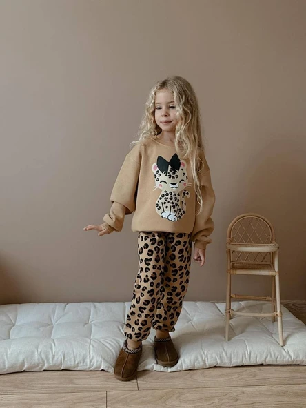 KIZ ÇOCUK KEDİ DESENLİ LEOPAR MODELLİ 3 İPLİK TAKIM ürün görseli 1