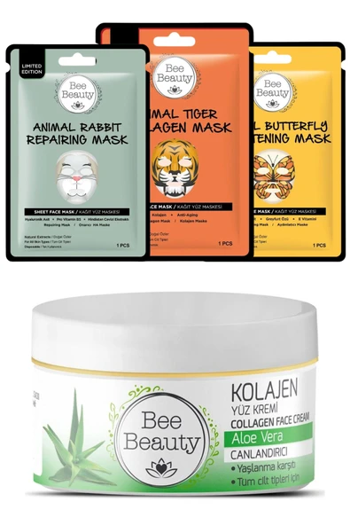 Bee Beauty Aloe Vera Kolajen Yüz Kremi 50 ml Animal Kağıt Maske Set 3 X 25 Gr ürün görseli 1