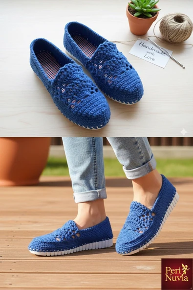 Handmade Organik Örgü Mavi Ayakkabı - Resim 7