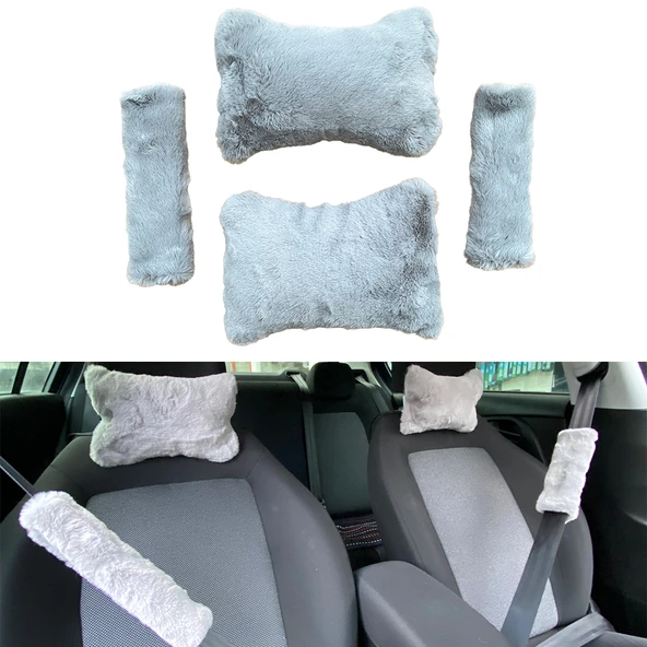 Peluş Ortopedik Araba Seyahat Boyun Yastığı Emniyet Kemer Pedi Seti Gri ürün görseli 1