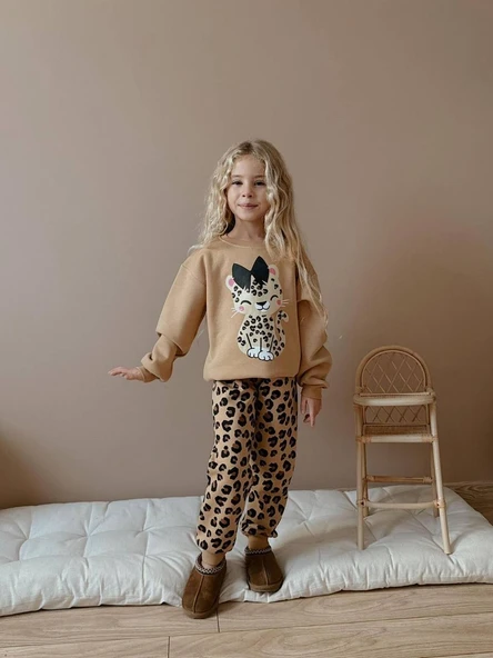 KIZ ÇOCUK KEDİ DESENLİ LEOPAR MODELLİ 3 İPLİK TAKIM - Resim 4