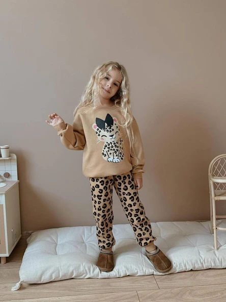 KIZ ÇOCUK KEDİ DESENLİ LEOPAR MODELLİ 3 İPLİK TAKIM - Resim 2