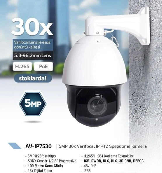 Avenir AV-IP75305 MP F=5.3mm -96.3mm Varical Lens 30X IP PTZ Speedome Kamera ürün görseli 1