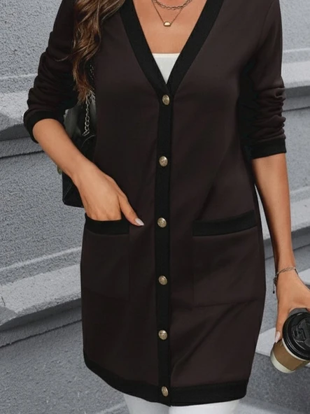 Kadın Uzun Kollu Cepli önden Düğmeli Uzun Modal Ceket Hırka - Resim 3