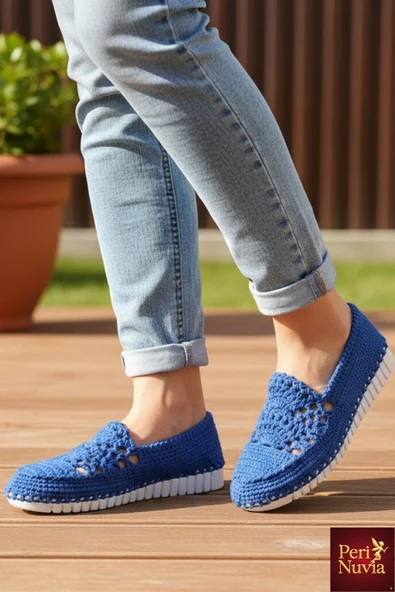 Handmade Organik Örgü Mavi Ayakkabı - Resim 2