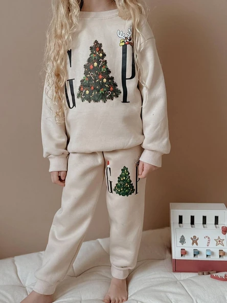 KIZ ÇOCUK YILBAŞI TEMALI 3 İPLİK EŞOFMAN TAKIMI - Resim 5