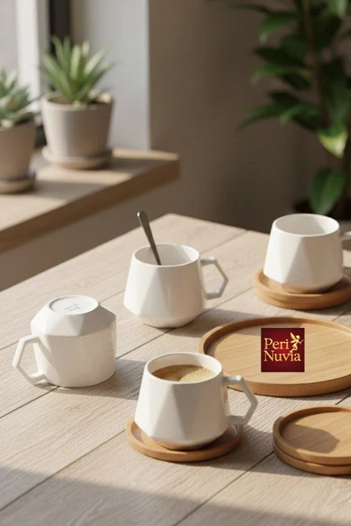 Modern Bambu Altlıklı 6’lı Porselen Fincan Takımı ürün görseli 1