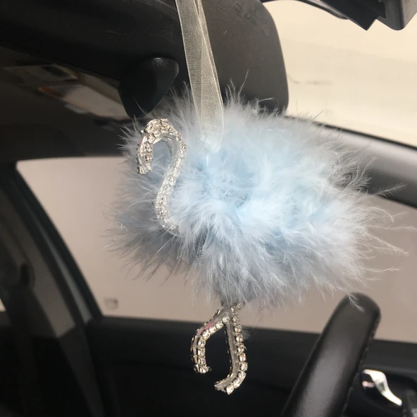 Flamingo Gümüş Pleksi Taşlı Dikiz Ayna Süsü Mavi Tüylü ürün görseli 1