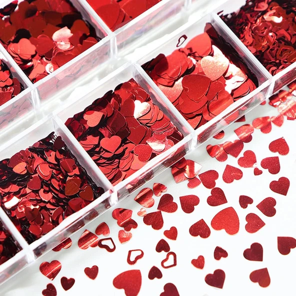 Kırmızı Tırnak Süsleme Folyo Pulları Kalp Dizayn Nail Art - Resim 3