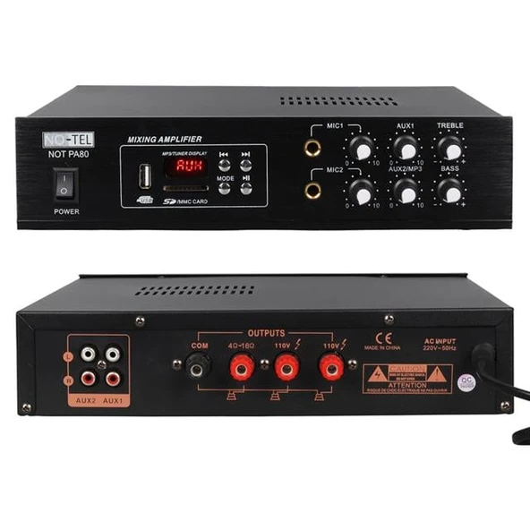 No-Tel 50 W Mini USB-SD-Bluetooth 70-100 V 2 Mik. Giriş Trafolu Anfi NOT-PA80 ürün görseli 1