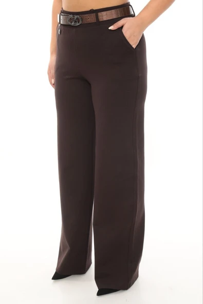 Büyük Beden Toparlayıcı Kemerli Yüksek Bel Geniş Paça Örme Kadın Pantolon ürün görseli 1