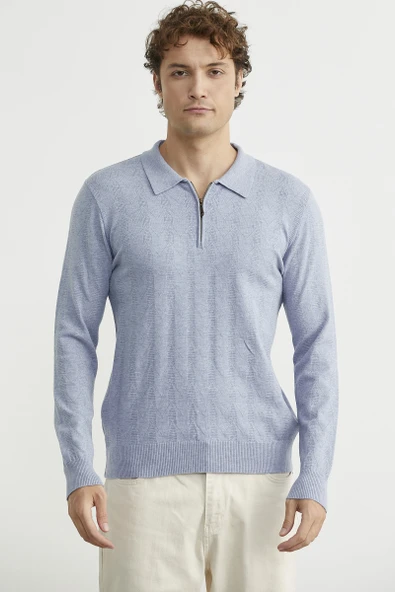 Fermuarlı Polo Yaka Triko Kazak - Mavi ürün görseli 1