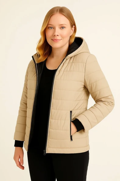 Şişme Kapüşonlu Fermuarlı Mont Su Itici Kapitone Astarlı Kumaş Cepli Kışlık Rahat Kalıp - Bej - Resim 3