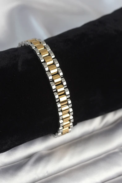 316L Çelik Gold ve Gümüş Renk 9 mm Kalınlık Erkek Bileklik - TJ-EB3769 ürün görseli 1