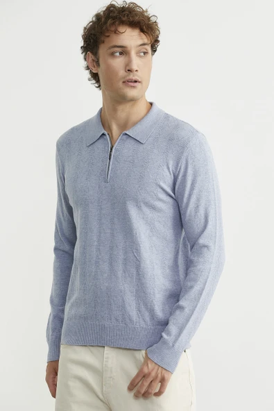 Fermuarlı Polo Yaka Triko Kazak - Mavi - Resim 3