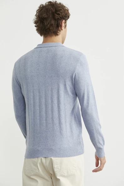 Fermuarlı Polo Yaka Triko Kazak - Mavi - Resim 5