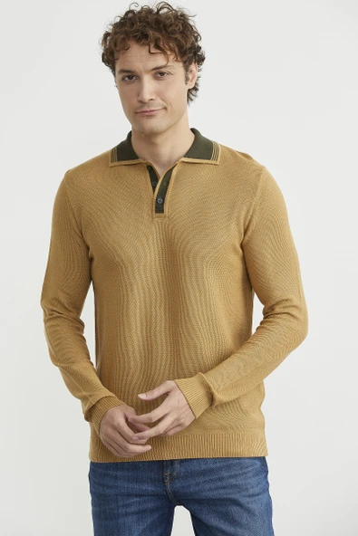 Polo Yaka Yünlü Triko Kazak - Kamel ürün görseli 1