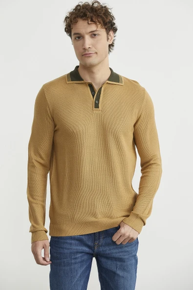 Polo Yaka Yünlü Triko Kazak - Kamel - Resim 2